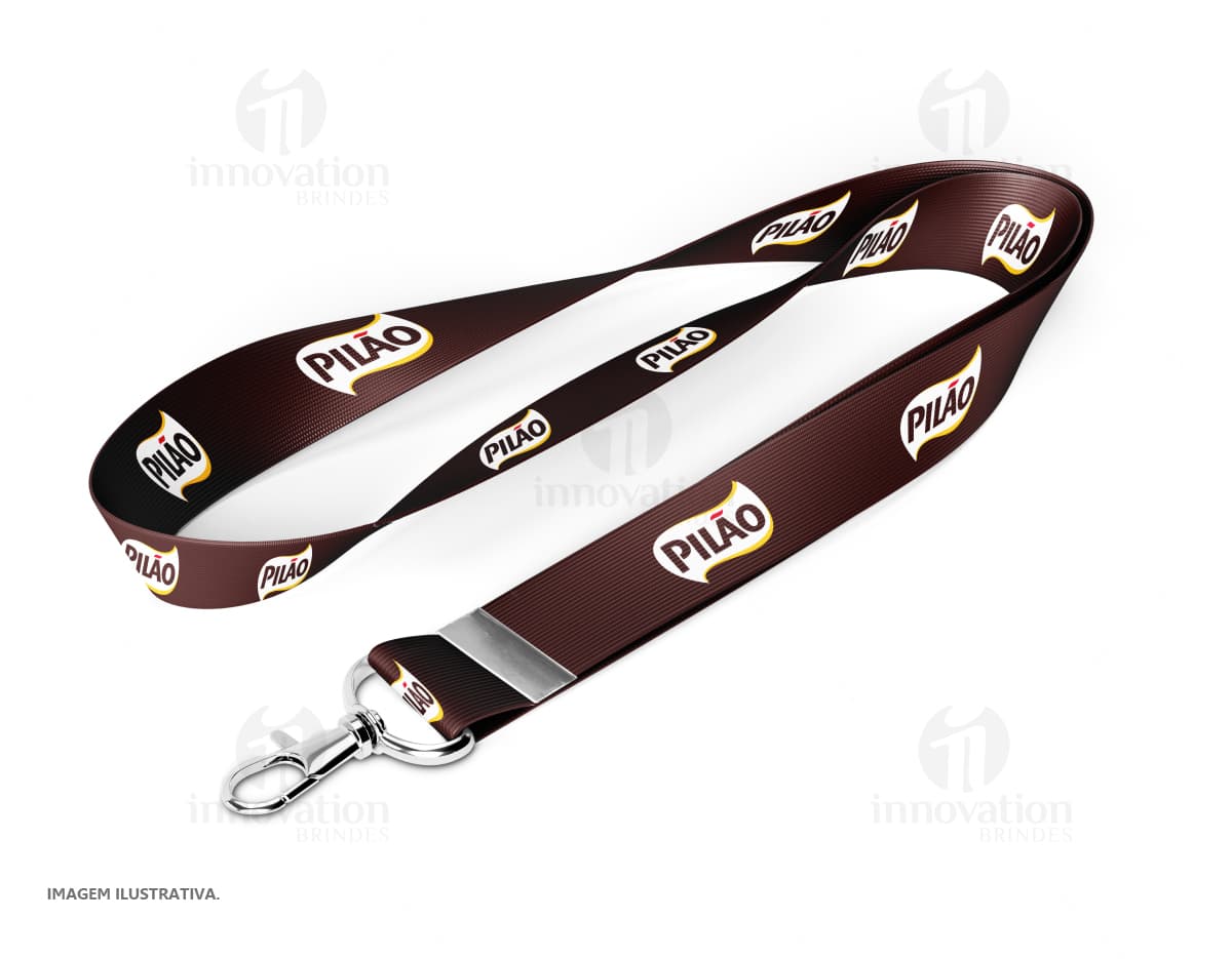 Cordão para crachá com mosquetão - Design moderno e colorido para eventos corporativos e feiras. Com 85cm de comprimento e 2,5cm de largura, este cordão é perfeito para identificação de funcionários. Seu visual futurista e elementos gráficos garantem uma apresentação profissional e sofisticada. Adquira já o seu!