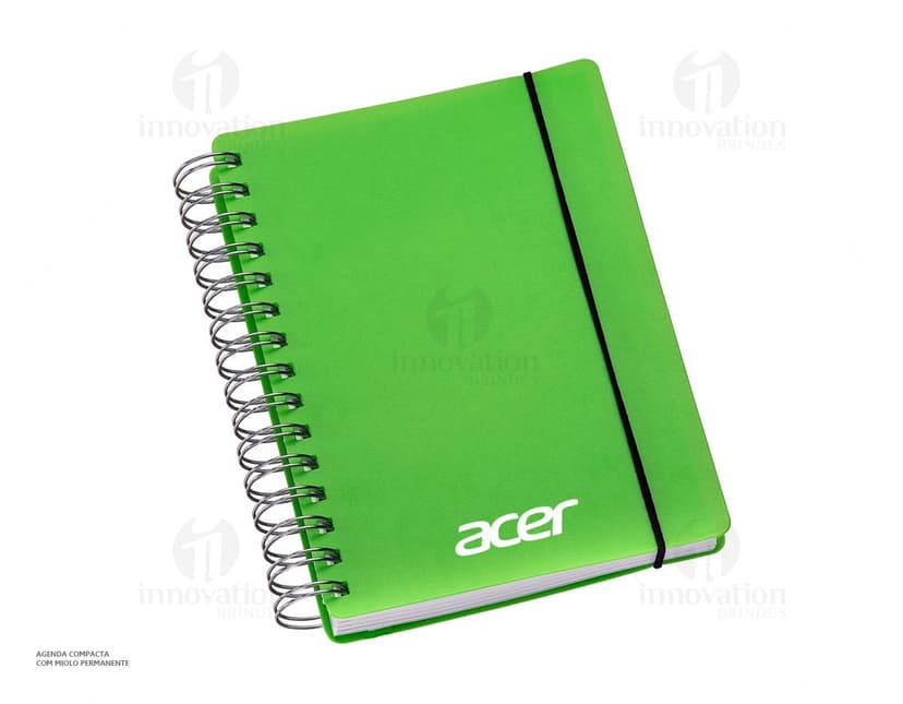 Agenda compacta com acabamento Wire-o, elástico na cor azul e peso de 63g.