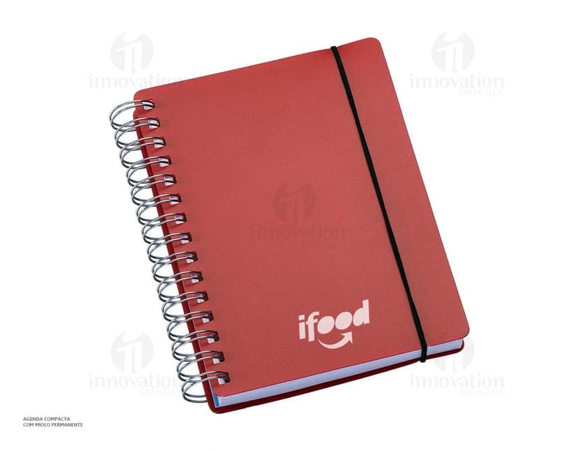 Agenda compacta com acabamento Wire-o, elástico na cor azul e peso de 63g.