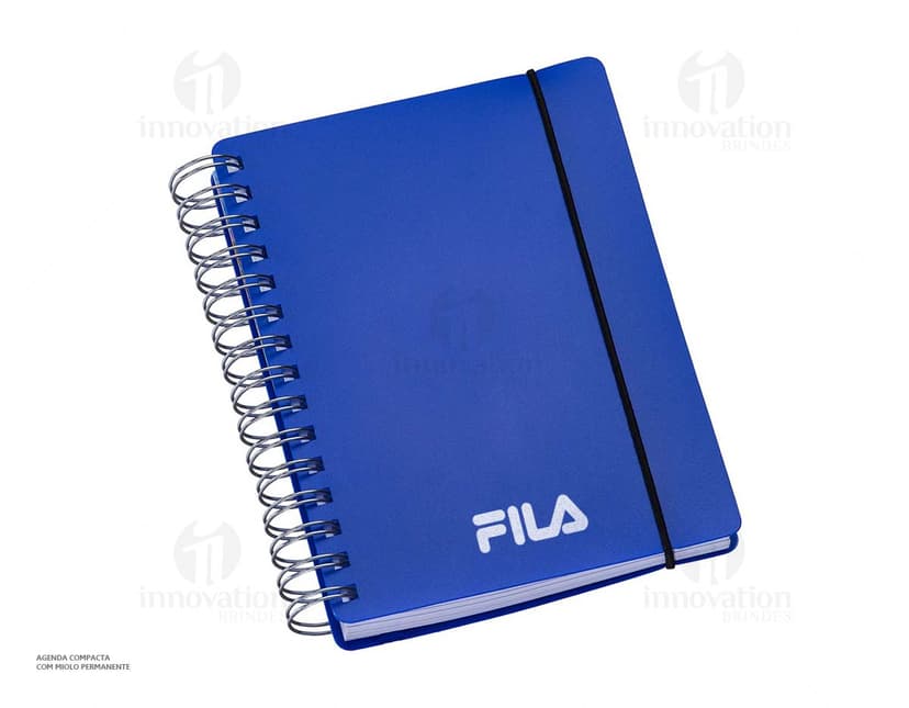 Agenda compacta com acabamento Wire-o, elástico na cor azul e peso de 63g.