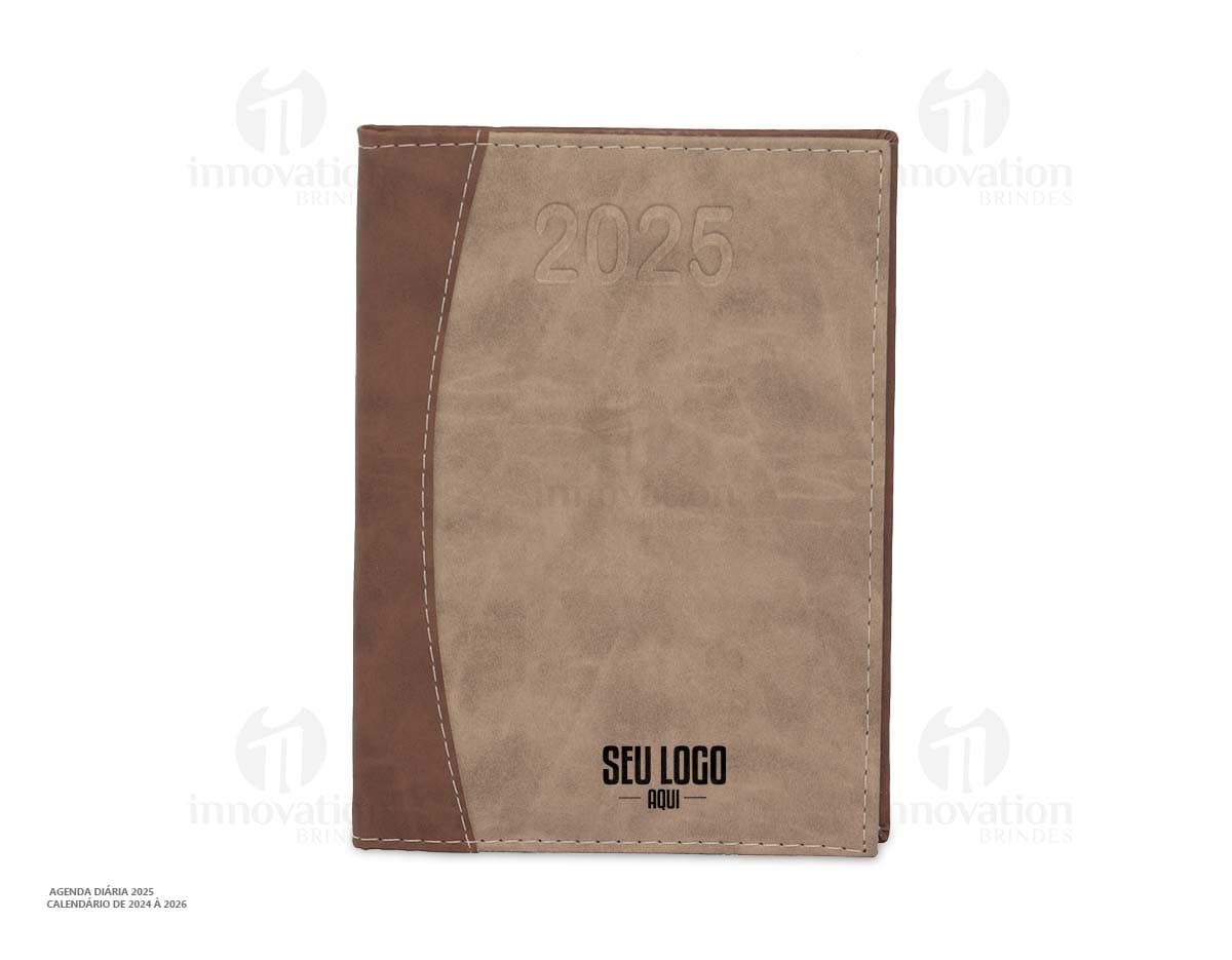 Agenda Diária 2025 em capa de couro preto, com páginas em branco e marcador de páginas vermelho.