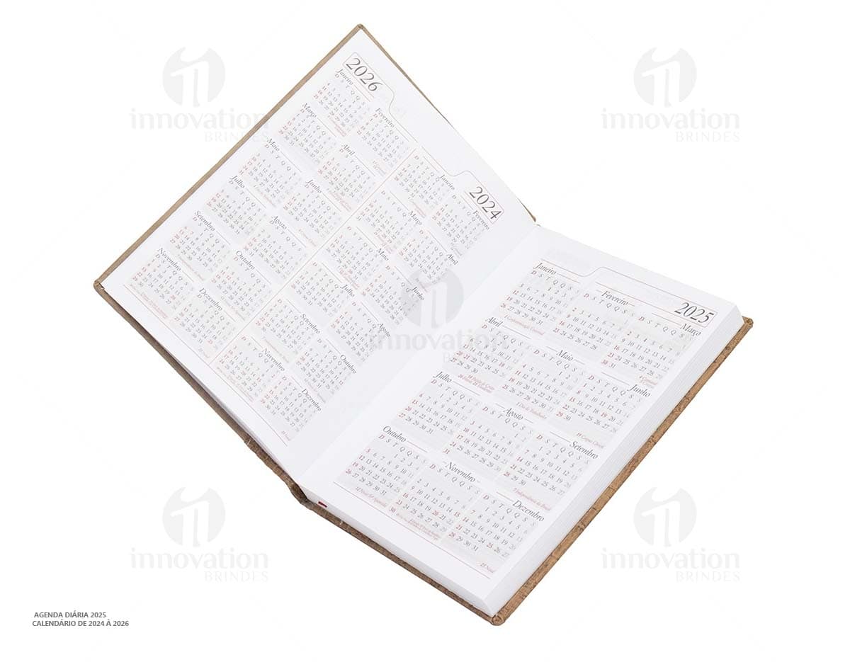 Agenda Diária 2025 em capa de couro preto, com páginas em branco e marcador de páginas vermelho.