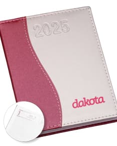 Agenda Diária 2025 com capa roxa e páginas em papel reciclado.
