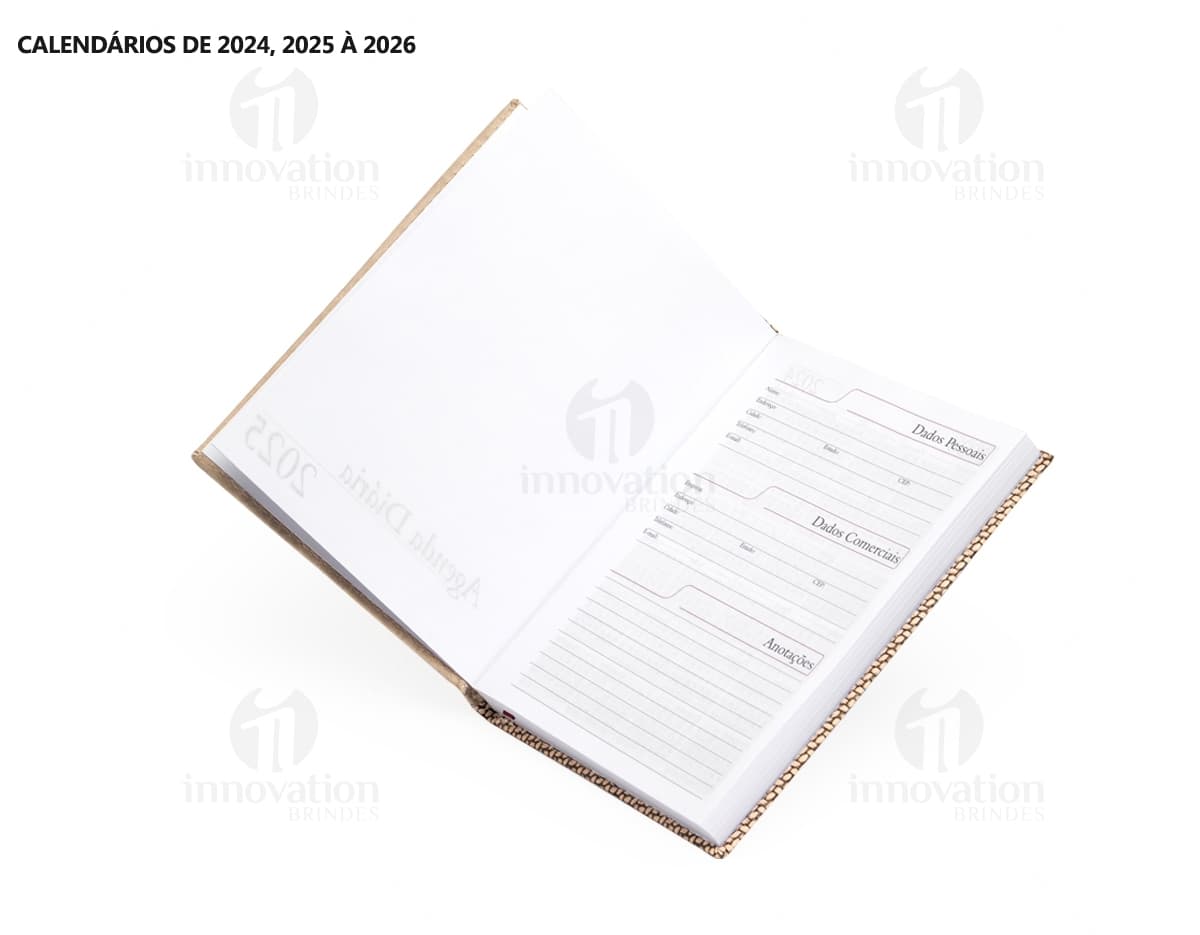 Agenda diária para o ano de 2025, com capa marrom, textura de tecido e fecho de envelope. Páginas em branco para anotações financeiras e compromissos de negócios. Detalhes modernos, incluindo moldura de aço, vidro e arranha-céu ao fundo. Tamanho alto e espaçoso, ideal para organização do dia a dia.