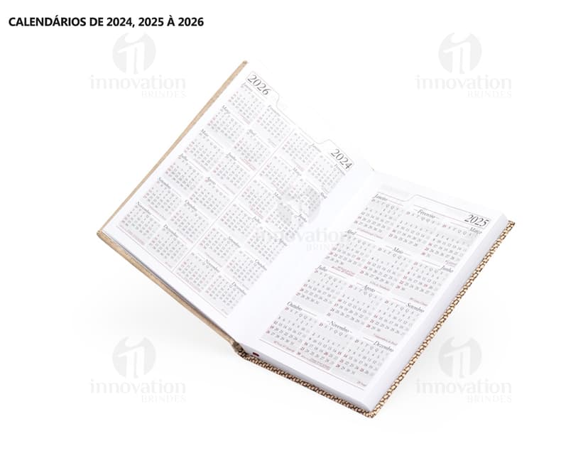Agenda diária para o ano de 2025, com capa marrom, textura de tecido e fecho de envelope. Páginas em branco para anotações financeiras e compromissos de negócios. Detalhes modernos, incluindo moldura de aço, vidro e arranha-céu ao fundo. Tamanho alto e espaçoso, ideal para organização do dia a dia.