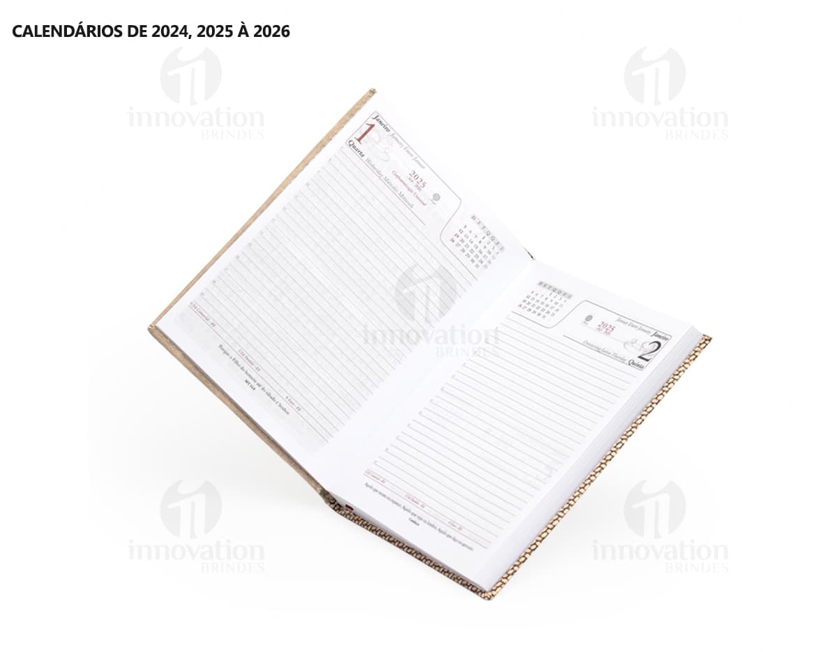 Agenda diária para o ano de 2025, com capa marrom, textura de tecido e fecho de envelope. Páginas em branco para anotações financeiras e compromissos de negócios. Detalhes modernos, incluindo moldura de aço, vidro e arranha-céu ao fundo. Tamanho alto e espaçoso, ideal para organização do dia a dia.