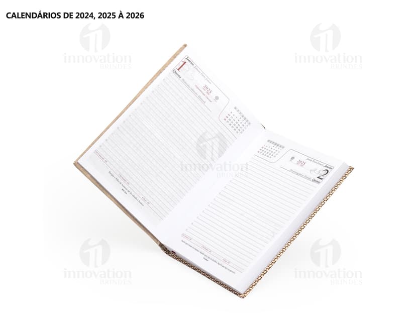 Agenda diária para o ano de 2025, com capa marrom, textura de tecido e fecho de envelope. Páginas em branco para anotações financeiras e compromissos de negócios. Detalhes modernos, incluindo moldura de aço, vidro e arranha-céu ao fundo. Tamanho alto e espaçoso, ideal para organização do dia a dia.