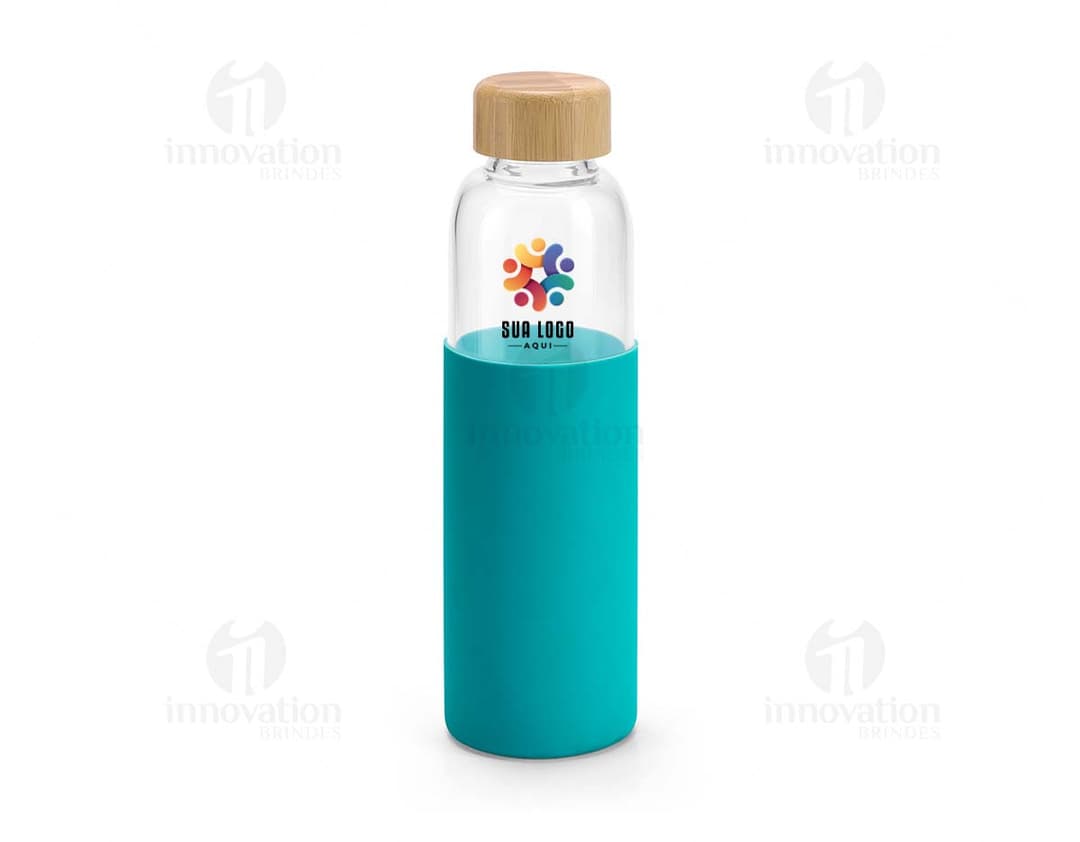 Squeez de vidro com tampa de bambu e revestimento de silicone, capacidade de 600ml.