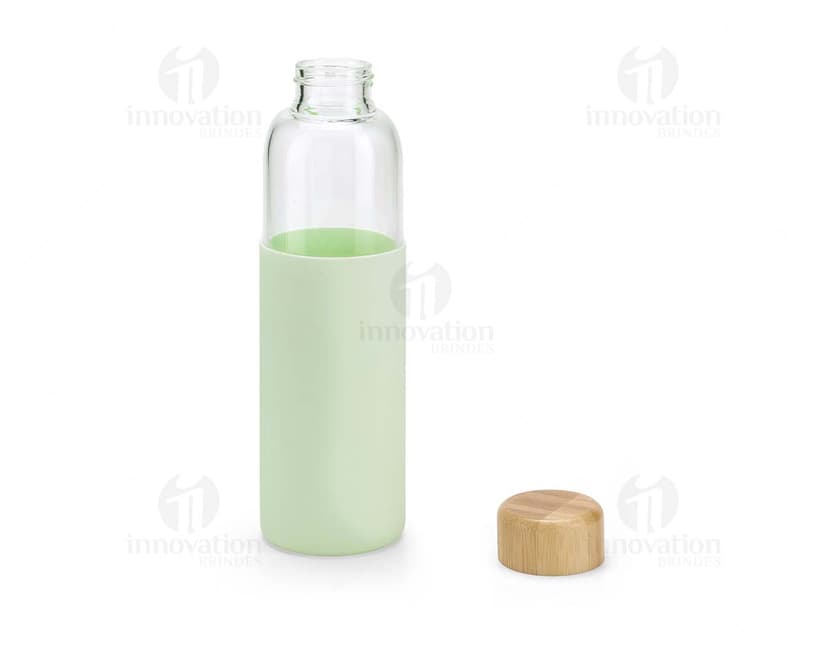 Squeez de vidro com tampa de bambu e revestimento de silicone, capacidade de 600ml.