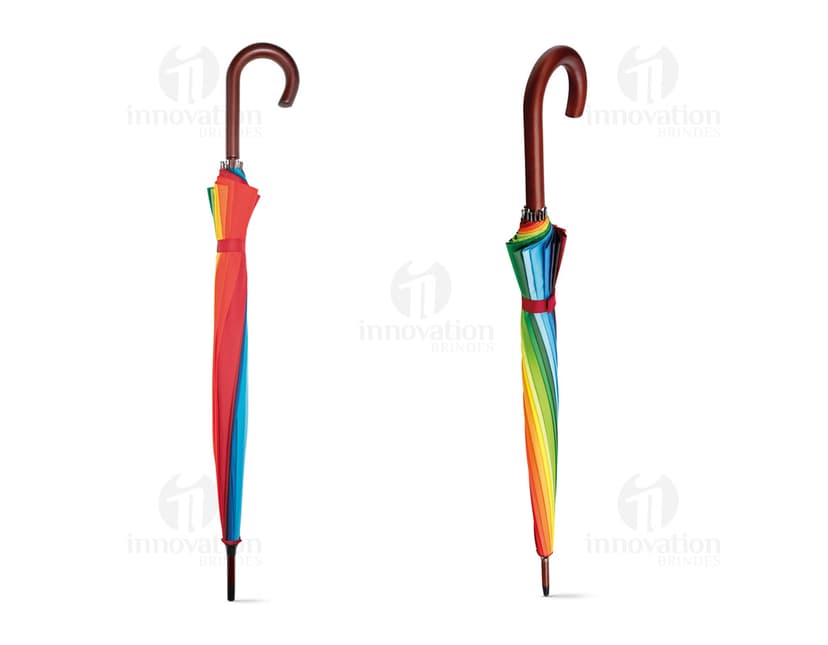 Guarda-chuva com pega de madeira em um design colorido e moderno, representando proteção contra a chuva. O padrão em arco-íris e a forma curva dão um toque criativo e atraente ao objeto. O guarda-chuva é um ícone de sucesso e market na indústria, com um toque de estilo e elegância.