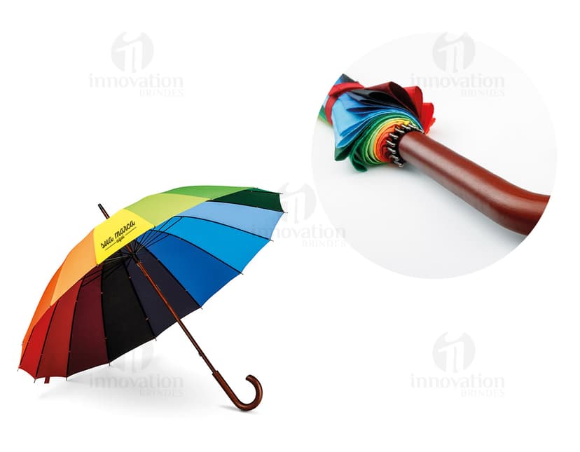 Guarda-chuva com pega de madeira em um design colorido e moderno, representando proteção contra a chuva. O padrão em arco-íris e a forma curva dão um toque criativo e atraente ao objeto. O guarda-chuva é um ícone de sucesso e market na indústria, com um toque de estilo e elegância.