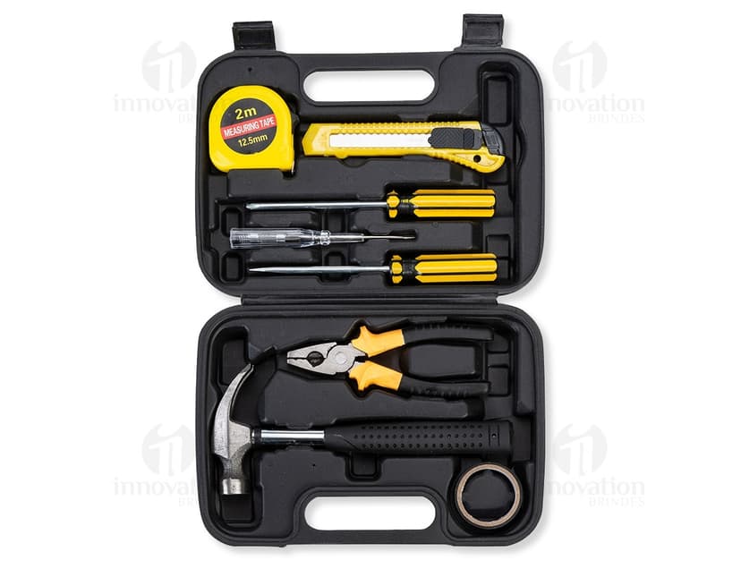 Imagem de um kit de ferramentas de 8 peças para brindes corporativos. Equipamento de metal e plástico, moderno e portátil, perfeito para negócios. Ideal para escritórios, viagens e uso pessoal. Adquira agora e esteja preparado para qualquer situação!