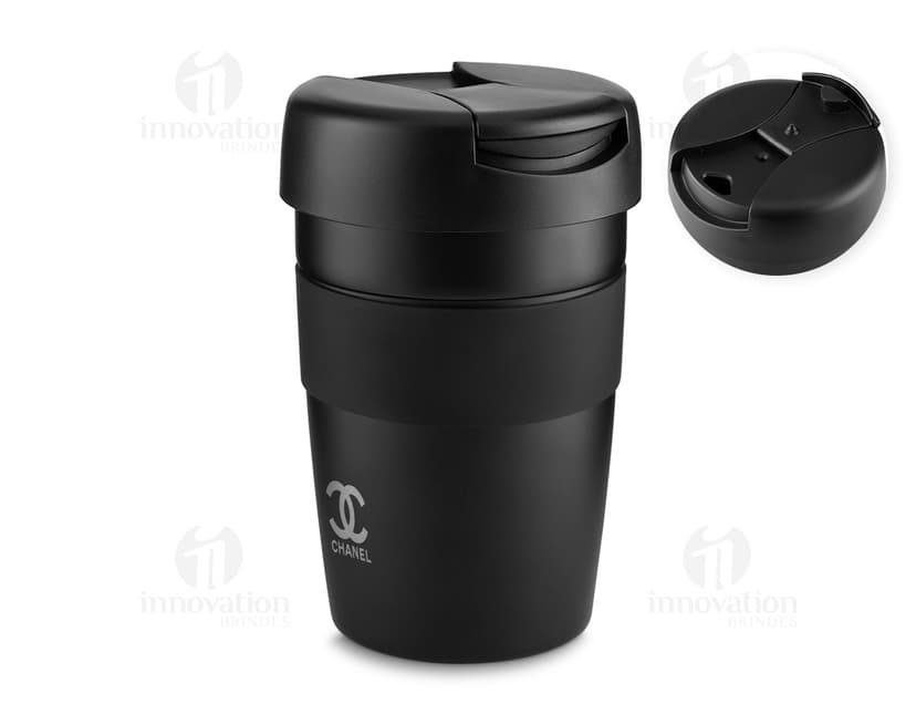 Container de metal preto com tampa de aço inoxidável, capacidade de 350ml, ideal para armazenar líquidos como café, chá ou água. Objecto brilhante e resistente, adequado para uso em casa, escritório ou em viagens.