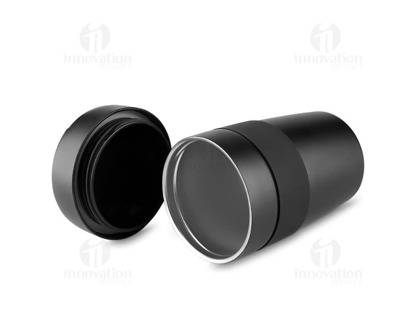 Container de metal preto com tampa de aço inoxidável, capacidade de 350ml, ideal para armazenar líquidos como café, chá ou água. Objecto brilhante e resistente, adequado para uso em casa, escritório ou em viagens.