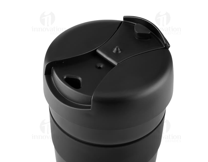 Container de metal preto com tampa de aço inoxidável, capacidade de 350ml, ideal para armazenar líquidos como café, chá ou água. Objecto brilhante e resistente, adequado para uso em casa, escritório ou em viagens.