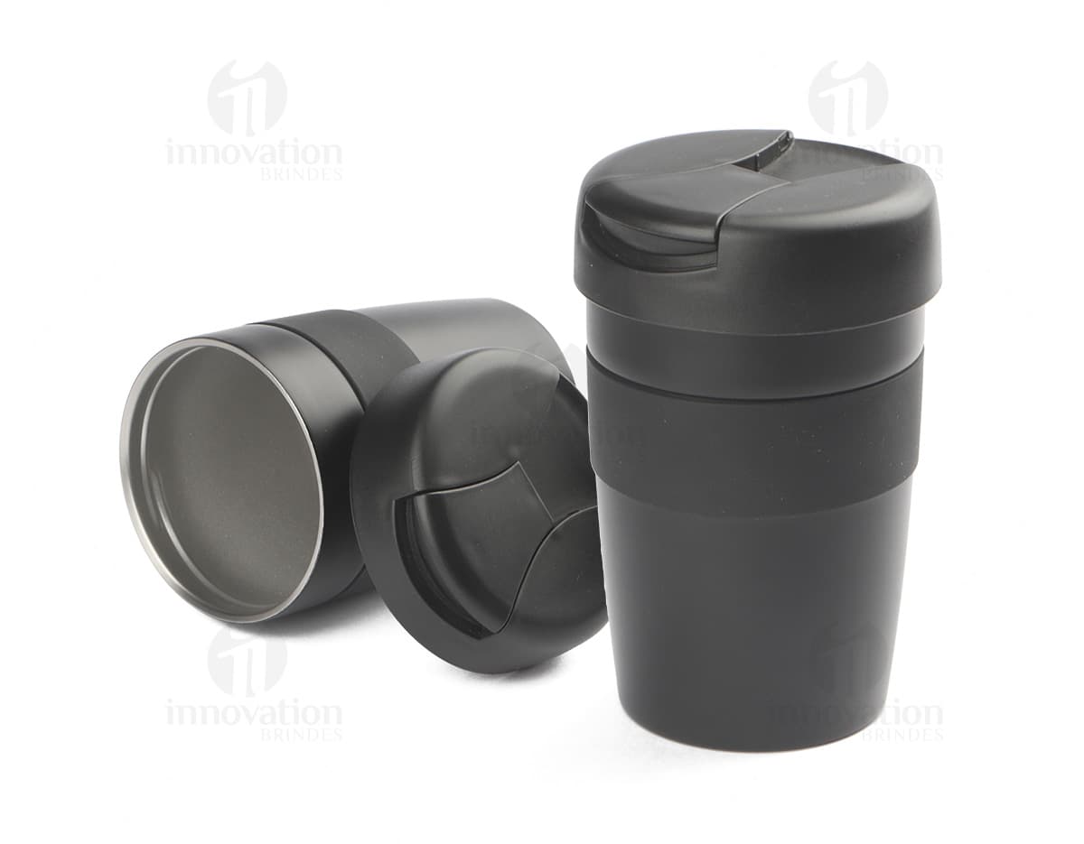 Container de metal preto com tampa de aço inoxidável, capacidade de 350ml, ideal para armazenar líquidos como café, chá ou água. Objecto brilhante e resistente, adequado para uso em casa, escritório ou em viagens.