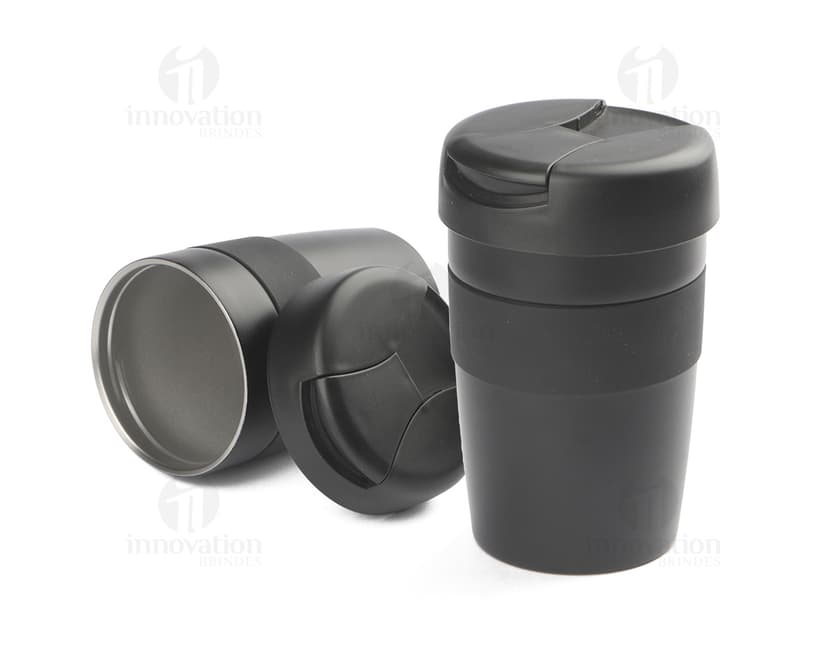 Container de metal preto com tampa de aço inoxidável, capacidade de 350ml, ideal para armazenar líquidos como café, chá ou água. Objecto brilhante e resistente, adequado para uso em casa, escritório ou em viagens.