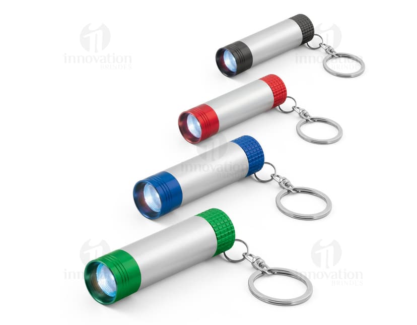 Chaveiro de lanterna de alumínio com LED, um dispositivo de sinalização e iluminação portátil e prático. Ideal para uso em situações de emergência ou para iluminar ambientes escuros. Feito de metal prateado, é um equipamento leve e compacto, perfeito para manter junto com suas chaves.