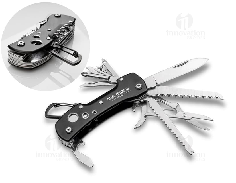 Canivete multifunções em aço inoxidável com diversas ferramentas, como tesoura, lâmina afiada, saca-rolhas, chave de fenda e muito mais. Prático e versátil, perfeito para qualquer situação. Adquira já o seu!