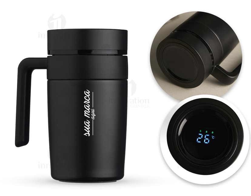 Caneca térmica 500ml com display LED, perfeita para manter sua bebida quente por mais tempo. Design contemporâneo em alumínio cromado, ideal para quem busca estilo e funcionalidade. Surpreenda-se com essa inovação tecnológica!