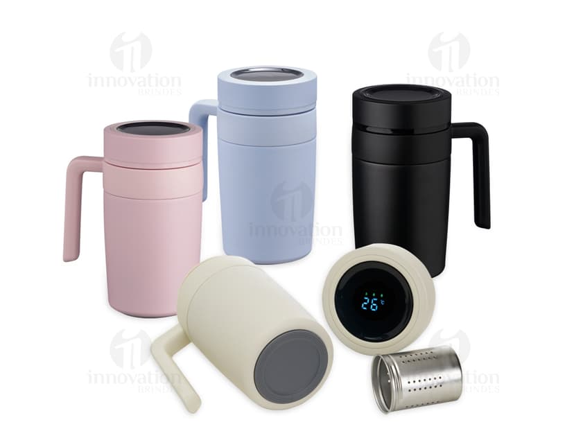 Caneca térmica 500ml com display LED - Mantenha sua bebida quente por mais tempo! Ideal para quem ama tecnologia e praticidade. Perfeita para brindes personalizados.