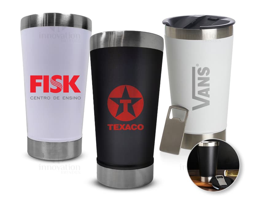 Copo térmico 500ml com abridor: mantenha suas bebidas quentes ou geladas por mais tempo! Feito de material plástico reciclável e equipado com abridor de garrafas, é a opção ecológica e prática para o seu dia a dia. Ideal para levar para o trabalho, academia ou viagens. Mantenha-se sempre hidratado com estilo e sustentabilidade.