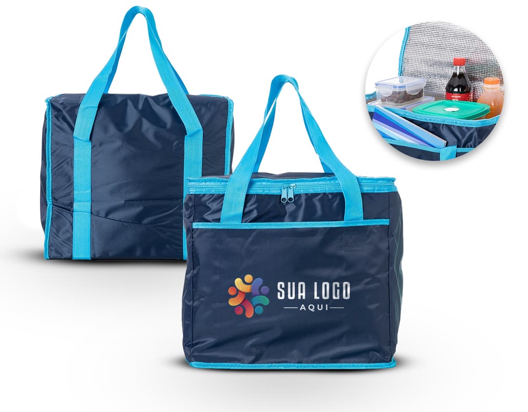 Bolsa térmica de 36 litros em cor marrom e rosa, feita de couro e lona. Possui alça, zíper, compartimento espaçoso e é ideal para viagens e uso casual. Elegante, moderna e prática.