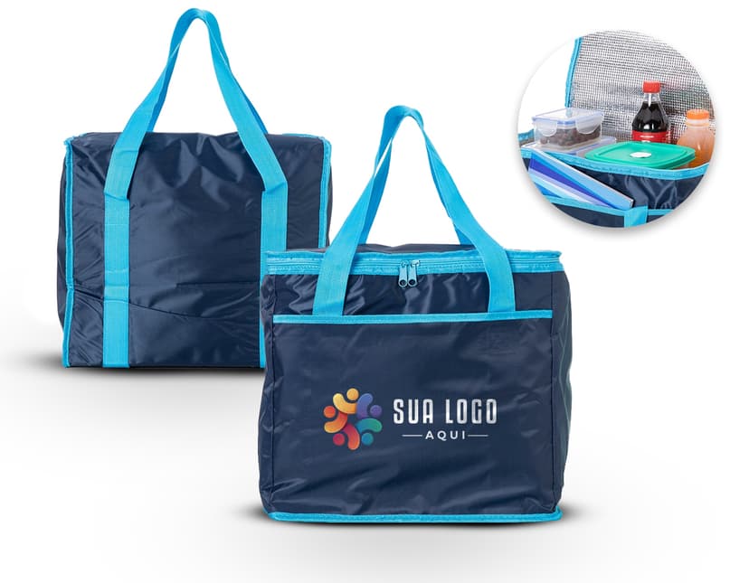 Bolsa térmica de 36 litros em cor marrom e rosa, feita de couro e lona. Possui alça, zíper, compartimento espaçoso e é ideal para viagens e uso casual. Elegante, moderna e prática.