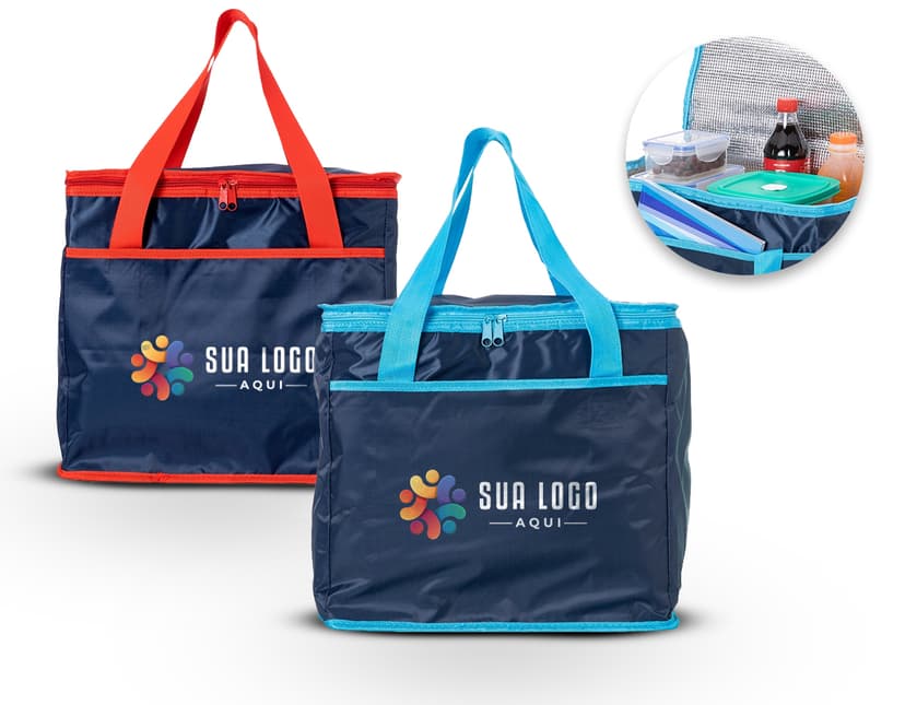 Bolsa térmica de 36 litros em cor marrom e rosa, feita de couro e lona. Possui alça, zíper, compartimento espaçoso e é ideal para viagens e uso casual. Elegante, moderna e prática.