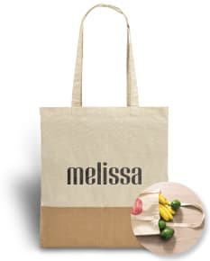 Sacola de algodão 160g com detalhes em juta, ideal para compras e presente. Produto seguro, com fecho de segurança e espaço para armazenamento. Design moderno e resistente, perfeito para compras e presente.