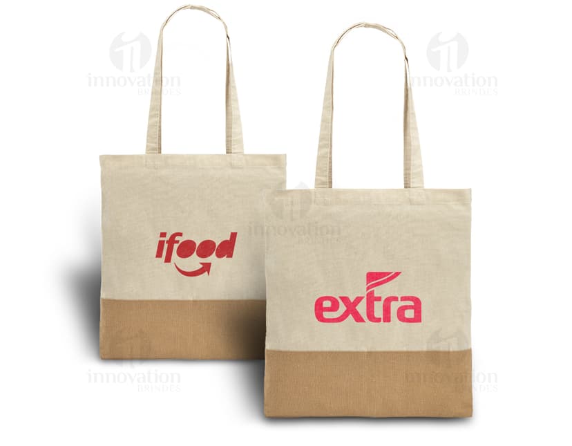 Sacola de algodão 160g com detalhes em juta, ideal para compras e presente. Produto seguro, com fecho de segurança e espaço para armazenamento. Design moderno e resistente, perfeito para compras e presente.