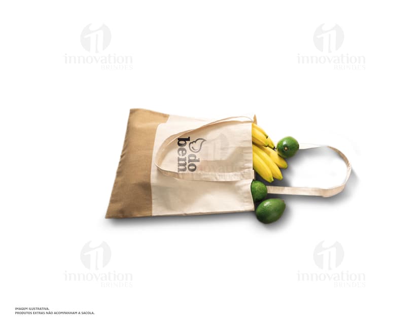 Sacola de algodão 160g com detalhes em juta, ideal para compras e presente. Produto seguro, com fecho de segurança e espaço para armazenamento. Design moderno e resistente, perfeito para compras e presente.