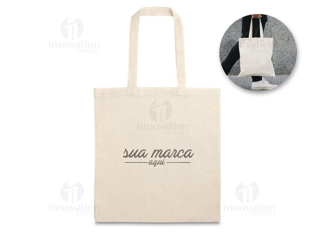 Sacola de algodão marrom com alças costuradas, ideal para uso em compras e segurança de objetos.