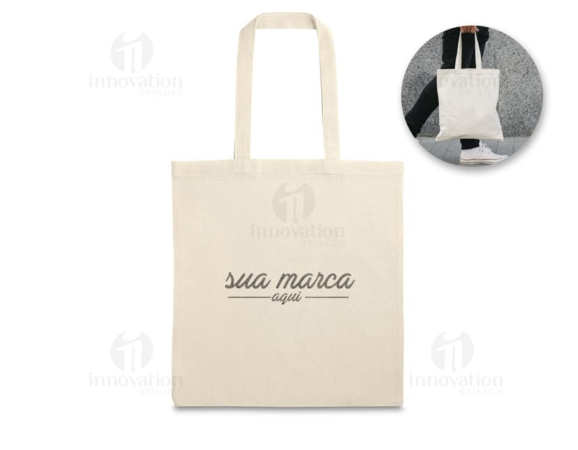 Sacola de algodão marrom com alças costuradas, ideal para uso em compras e segurança de objetos.