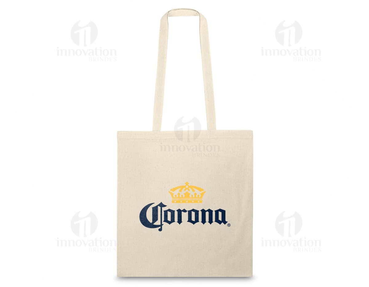 Sacola de algodão com 103 gramas, alças de 75 cm de comprimento.