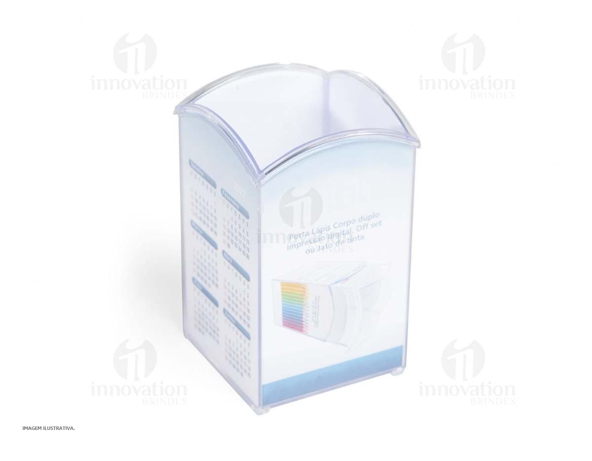 Porta Canetas feito de acrílico transparente com capacidade para até 10 canetas, visto de cima em uma mesa de escritório.