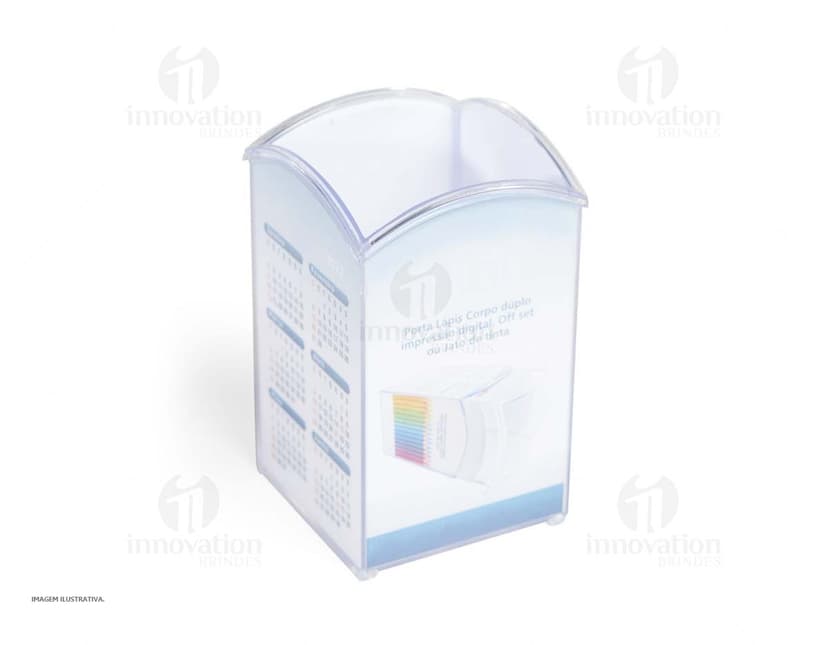 Porta Canetas feito de acrílico transparente com capacidade para até 10 canetas, visto de cima em uma mesa de escritório.