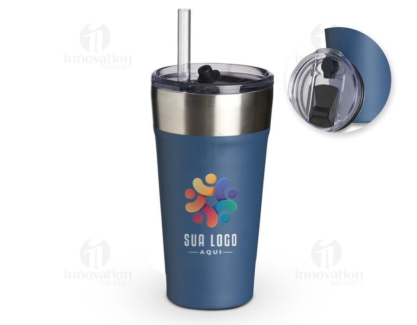 Copo térmico com canudo de 500ml na cor azul.