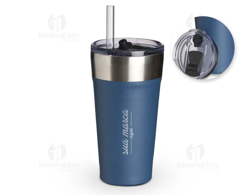 Copo térmico com canudo de 500ml na cor azul.