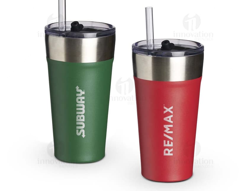 Copo térmico com canudo de 500ml na cor azul.