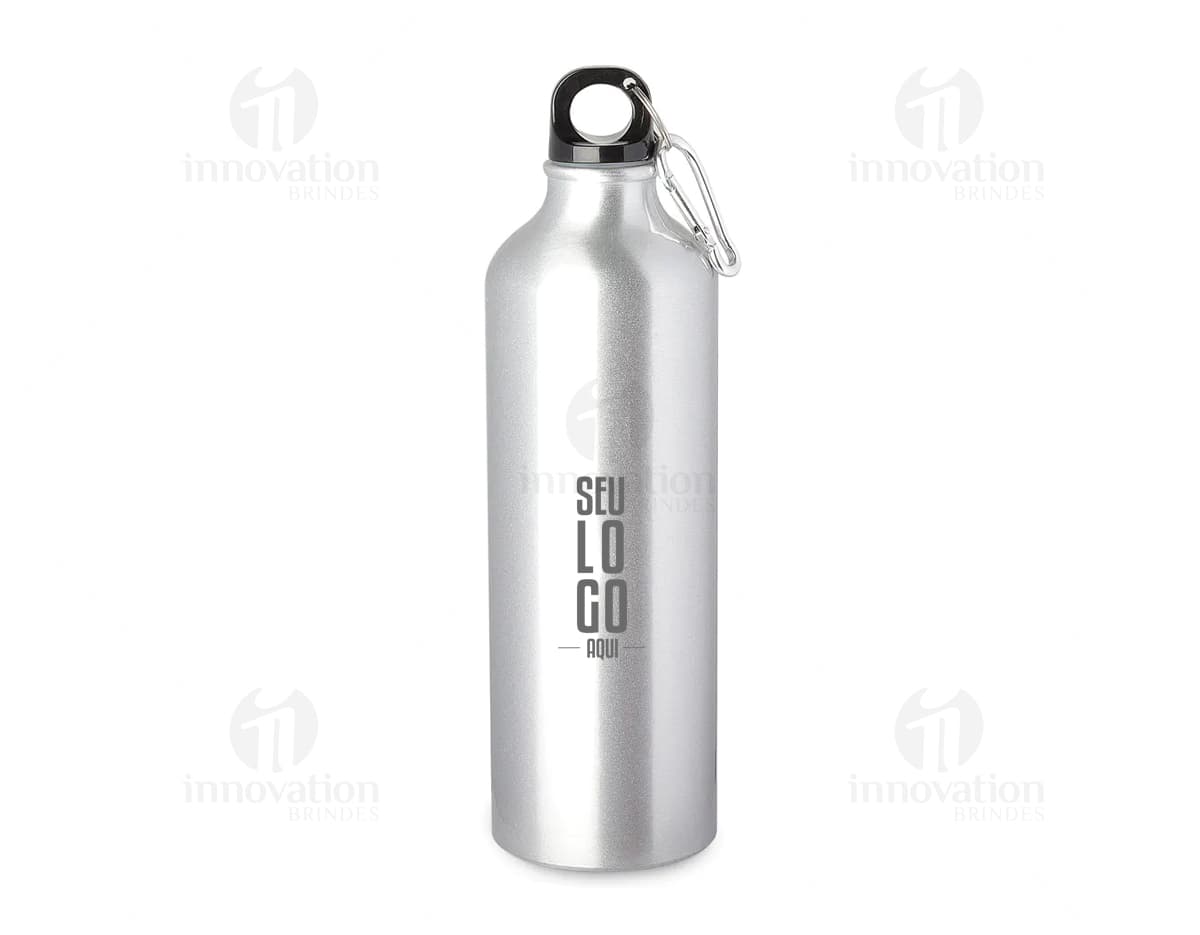 Produto Squeeze Metal 750ml em metal prateado, objeto transparente, limpo e vazio, utilizado para armazenar líquidos como água, bebidas saudáveis e refrescantes.