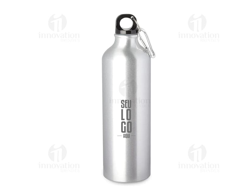 Produto Squeeze Metal 750ml em metal prateado, objeto transparente, limpo e vazio, utilizado para armazenar líquidos como água, bebidas saudáveis e refrescantes.