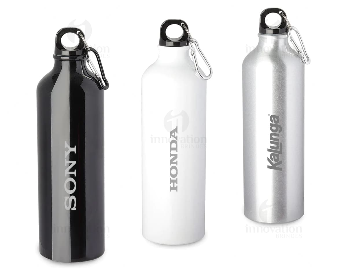 Produto Squeeze Metal 750ml em metal prateado, objeto transparente, limpo e vazio, utilizado para armazenar líquidos como água, bebidas saudáveis e refrescantes.