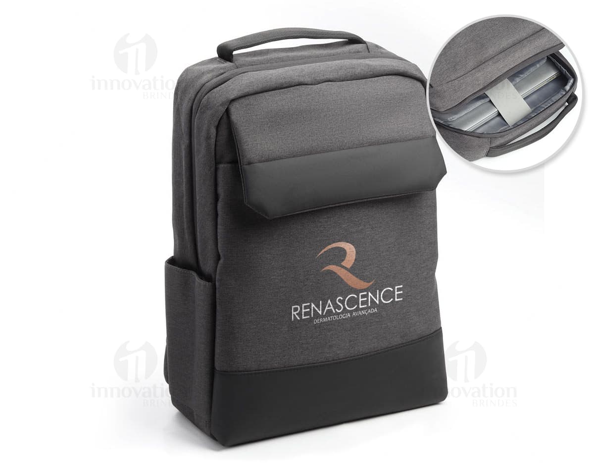 Mochila preta de poliéster para notebook de 15 polegadas, com alças de couro, fecho com zíper, bolsos e espaço para armazenar equipamentos de negócios.