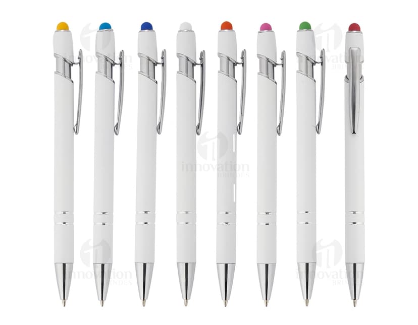 Caneta metálica com touchscreen e clique em diversas cores, ideal para escrita e desenho em tablets e smartphones.