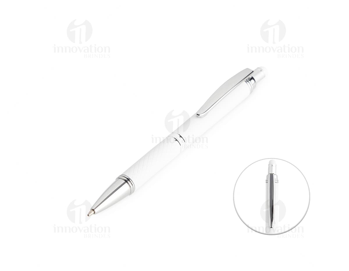 Caneta Touch com acabamento emborrachado em metal prateado, design moderno e elegante. Ideal para escrita e desenho, possui ponta afiada e função touch para utilização em dispositivos digitais.