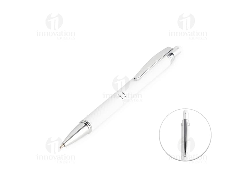 Caneta Touch com acabamento emborrachado em metal prateado, design moderno e elegante. Ideal para escrita e desenho, possui ponta afiada e função touch para utilização em dispositivos digitais.