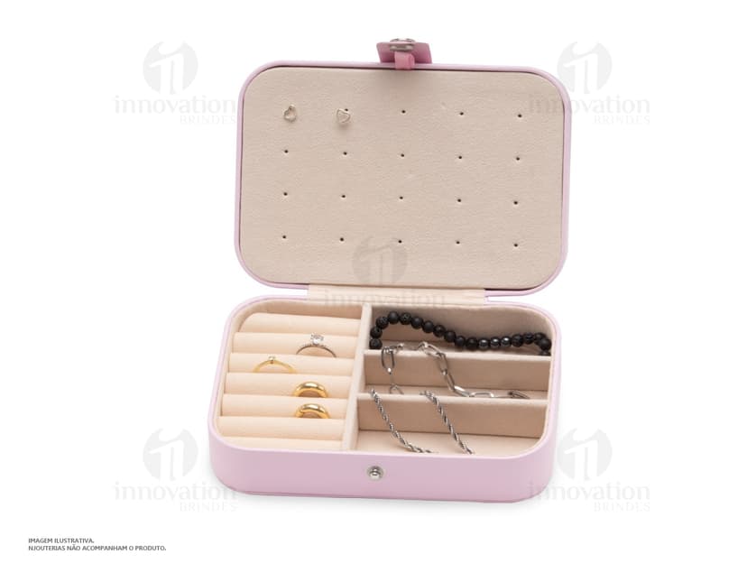 Porta joias com compartimentos para anéis em metal brilhante, design elegante, vazio, com fechadura e chave para maior segurança e organização de joias e acessórios.