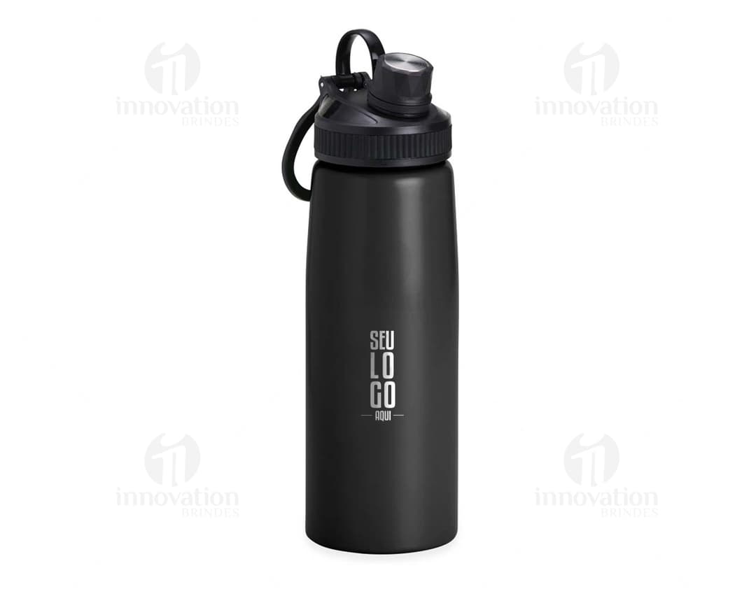 Bottle de aço inoxidável de 900ml, vazio e limpo, com tampa de rosca. Objeto metálico e prateado, fresco e saudável, indicado para armazenar líquidos.