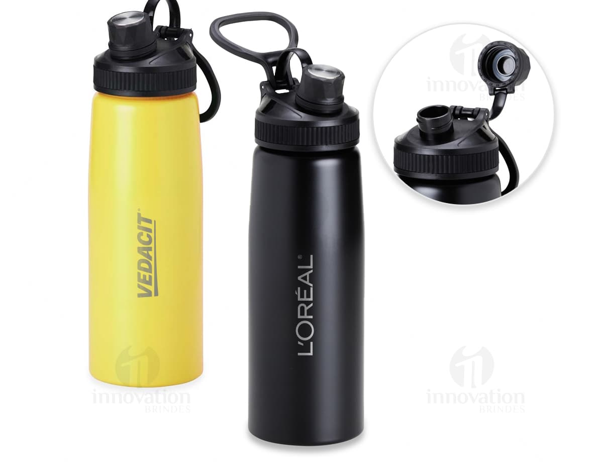 Bottle de aço inoxidável de 900ml, vazio e limpo, com tampa de rosca. Objeto metálico e prateado, fresco e saudável, indicado para armazenar líquidos.
